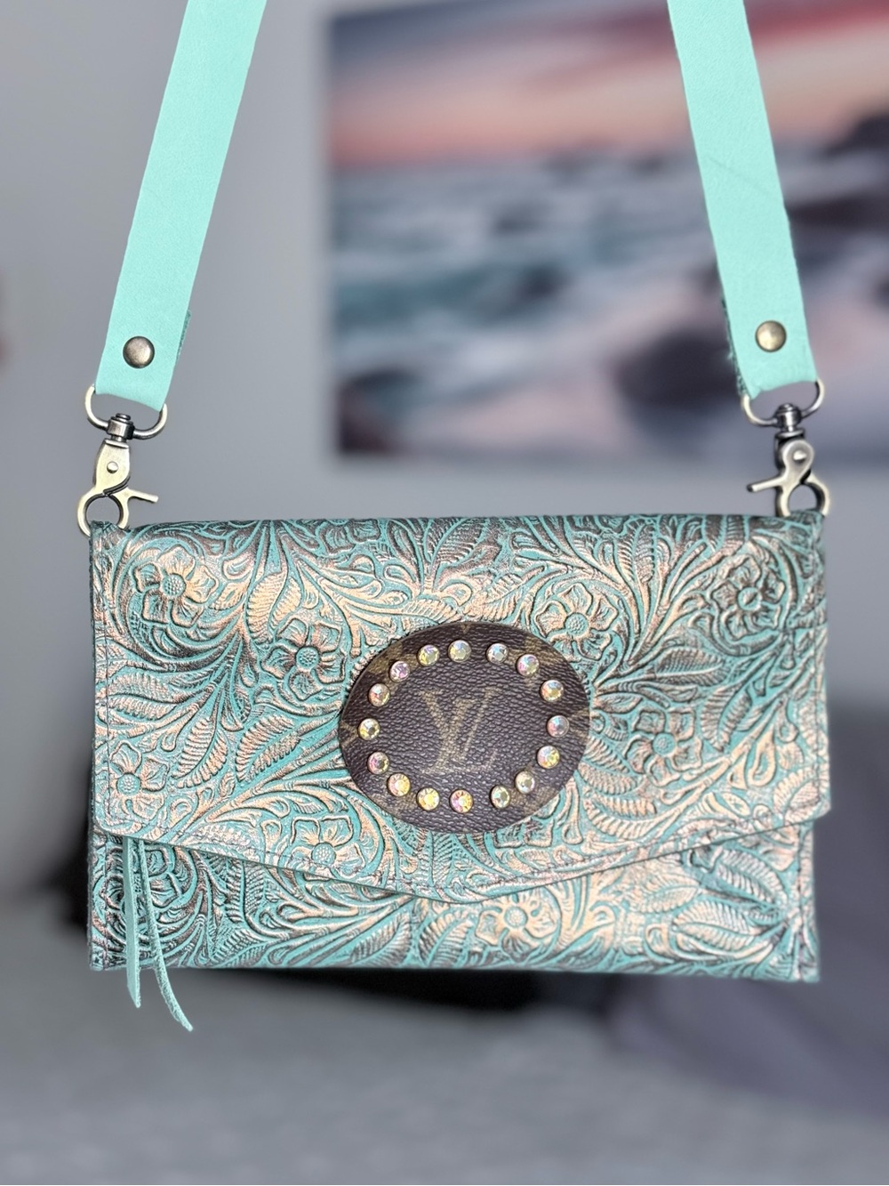 NWOT Tooled Leather Louis Vuitton Upcycled Western Chic Turquoise Festival Bag